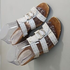 White Wedge Sandals with Leather Straps Stitching Cork Soles